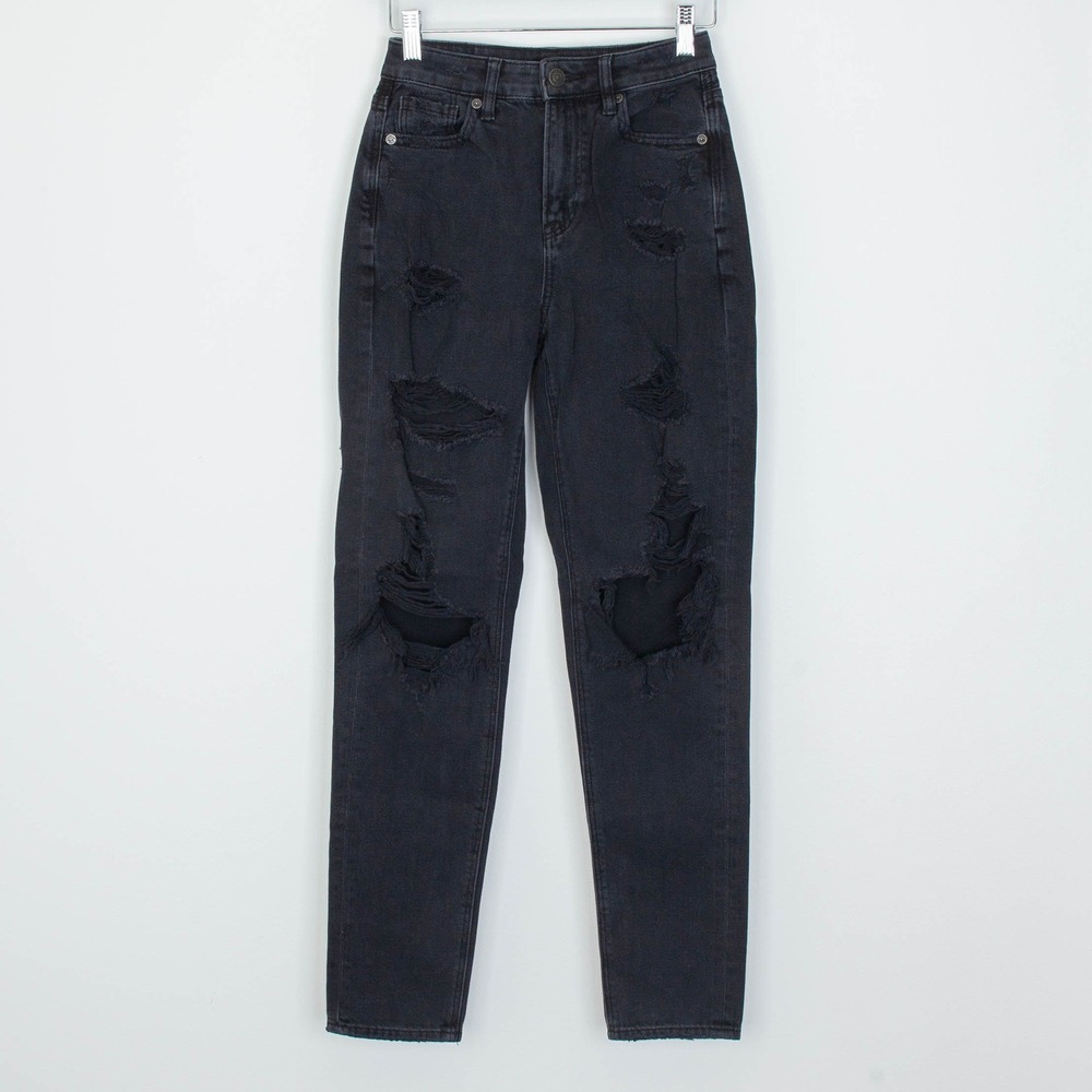 American Eagle Womens Distressed Mom Jeans Size 000R Black‎ Grunge Streetwear